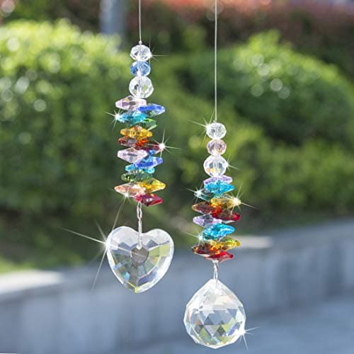 Image of H&D HYALINE & DORA Crystal Rainbow Suncatcher Glass Heart Prism Chakra Colors Beads Pendant Window Decor,Pack of 2