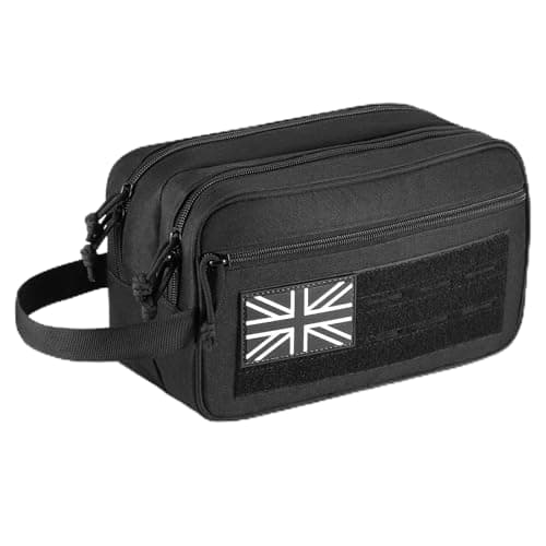 Image of Zocipro Tactical Toiletry Bag for Men, Water-Resistant Wash Bag with Molle System & Wet Pocket, Double Compartment Shaving Kit for Travel, EDC, Gym & Shower (Black, UK Patch)