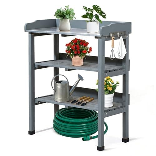 Image of Bonnlo Wooden Potting Table with Metal Tabletop, Potting Bench with Tool Hooks & Storage Shelves, Planting Work Station for Greenhouse (Grey)
