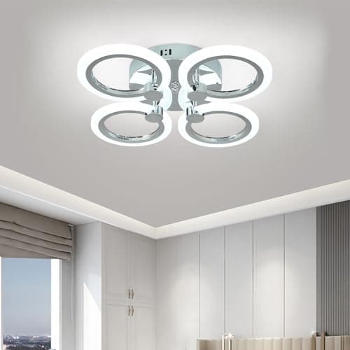 Image of Hudi Fyier Modern LED Flush Mount Ceiling Light, 4 Rings, Chrome, 6500K for Bedroom, Dining, Living Room, Office