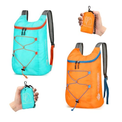Image of Sahunfri 2 Pcs Ultra Lightweight Backpack, Foldable Backpack Water Resistant Travel Rucksack, Multi-Functional Foldable Backpacks Womens Men For Camping, Hiking, Biking (Blue Orange)
