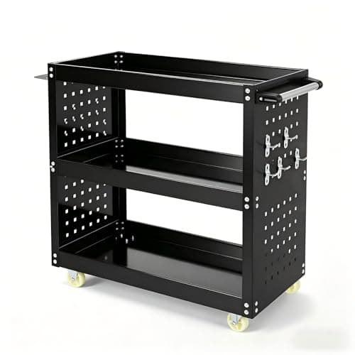 Image of Industrial Service Trolley Cart, 3-Tier Heavy Duty Rolling Tool Cart with Lockable Wheels, Carbon Steel Mobile Utility Trolley Garage Storage Cart for Workshop, Garage, Kitchen & Lab Storage