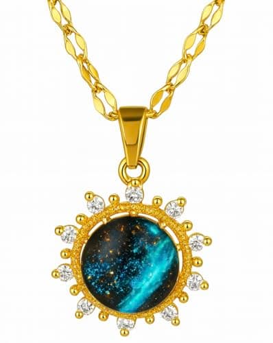 Image of Galaxy Planet Pendant Necklace for Women – Stainless Steel Gold Plated, Cubic Zircon Crystals, 40+5cm Adjustable Chain, Space Theme Jewellery range. With Jewellery Gift Box (Milky Way Galaxy)