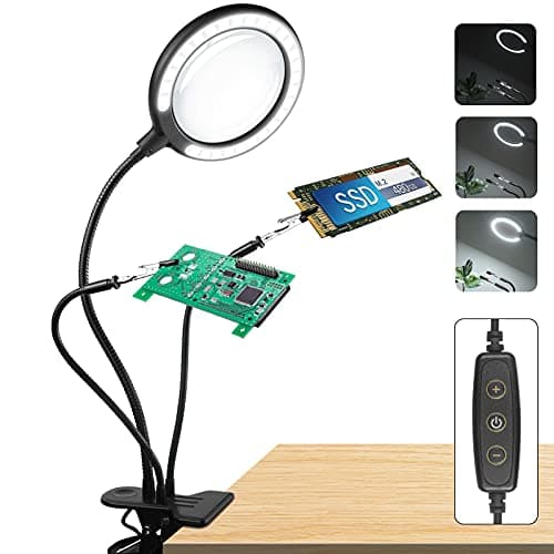 Image of Crafts Lamp Magnifying Glasses Helping Hands soldering &28 Dimmable LED Clamp Magnifying lamp with 6 Adjustable Light Setting for Reading, Seniors, Hobbies, Craft