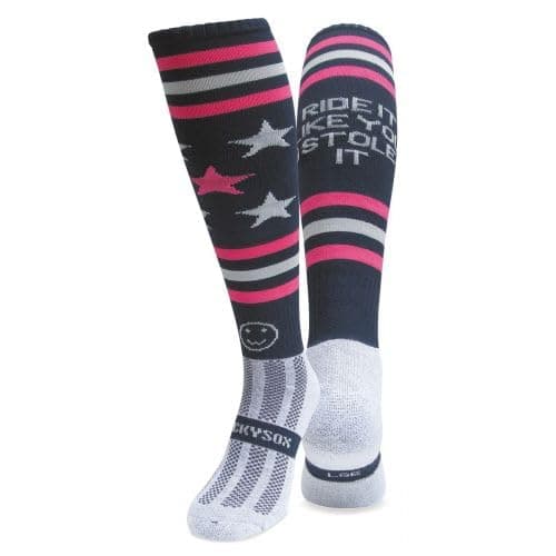 Image of WackySox Ride It Like You Stole It Navy Blue Knee Length Sports Socks, Equestrian Socks, Horse Riding Socks