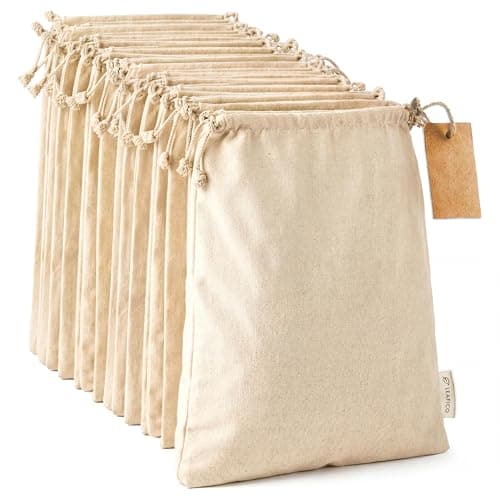 Image of Organic Cotton Produce Bags - Medium 20x25 cm (12 Pack) - Reusable Muslin Storage Bags with Drawstrings – Biodegradable Canvas Fabric - Perfect for Snacks, Clothes