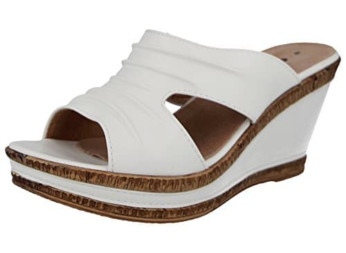Image of Ladies Leather Lined Peep Toe Mid Wedge Mule Sandals (White, 5 UK, numeric_5)