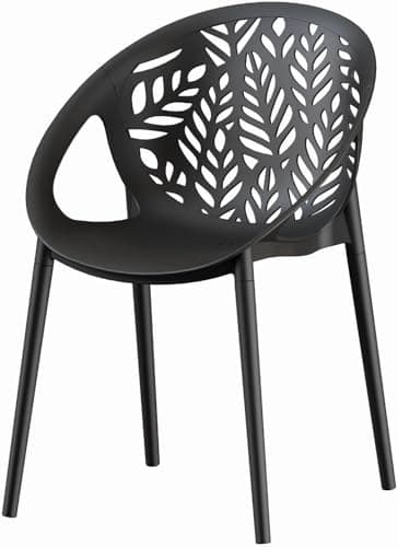 Image of HOM4NISH Set of 4 Polypropylene Plastic Stacking Dining Outdoor Garden Chair Light Weight Hollow Leaf Design for Home Kitchen Patio Café Bistro Hotel Restaurant (Black)