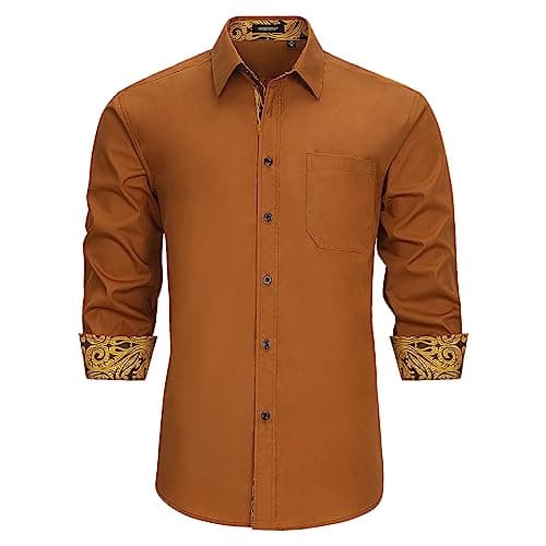 Image of HISDERN Mens Shirts Gold Brown Long Sleeve Shirt for Men Formal Button Shirts Causal Regular Fit Dress Shirt M