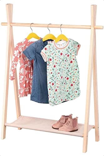 Image of idooka Kids Pine Wood Clothes Rails for Girls, Boys & Baby Nursery - Mini Coat Stand w/Canvas Shoe Rack - Childrens Wardrobes for Bedroom Storage