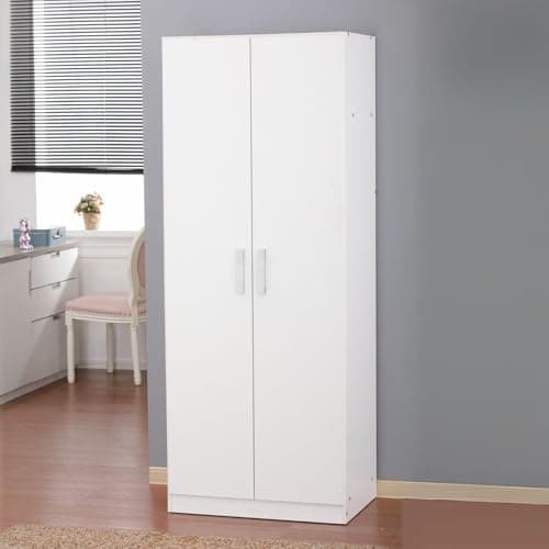 Image of Home Source 2 Door Wardrobe – White Modern Hinged Door Wardrobe with Hanging Rail & Top Storage Shelf – Durable Particleboard Bedroom Furniture, Easy Flat Pack Home Assembly