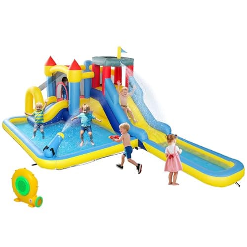 Image of AIYAPLAY Inflatable Bouncy Castle, 6 in 1 Kids Water Bounce House with 550W Blower, Splash Pools, 2 Slides, Trampoline, Climbing Wall, Cannon, Basketball Hoop, for Garden, Party, Outdoor Indoor