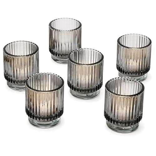 Image of Smoke Gray Vintage Ribbed Glass Tealight Votive Candle Holders by Kate Aspen (Set of 6), Fall Decor, Boho Decor, Shelf Decoration | Perfect Hostess Gift or Home Decor