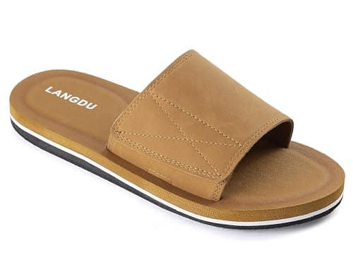 Image of LANGDU Mens Sliders Sandals Adjustable Lightweight Slipper Flip Flops,Khaki 15,9.5UK