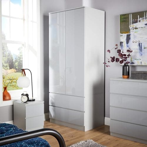 Image of Home Source 2 Door Wardrobe, High Gloss Front Spacious Closet Organiser, Bedroom Dresser Storage Cabinet, 2 Drawer, Grey