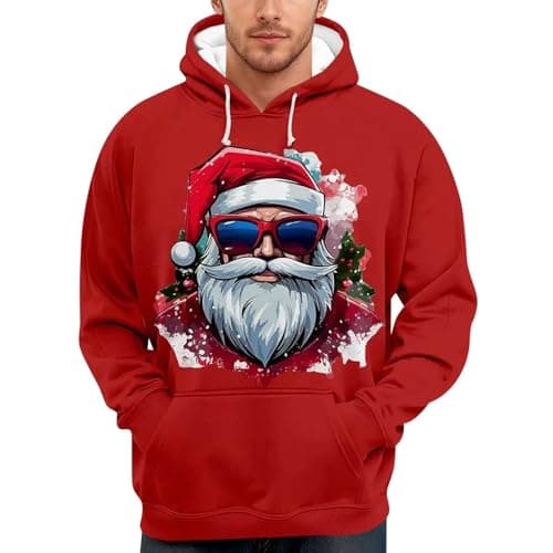 Image of Generic Christmas Jumper Men's Hooded Sweatshirt Santa Print Cooler Boy's Christmas Man Funny Jumper Christmas Hoodie Sweater Ugly Christmas Gift Boys, red, XL