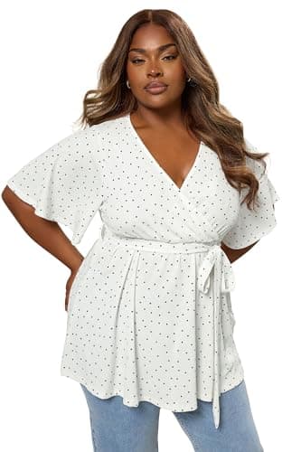 Image of Yours Curve Ditsy Polka Dot Print Wrap Top - Women's - Plus Size Curve White