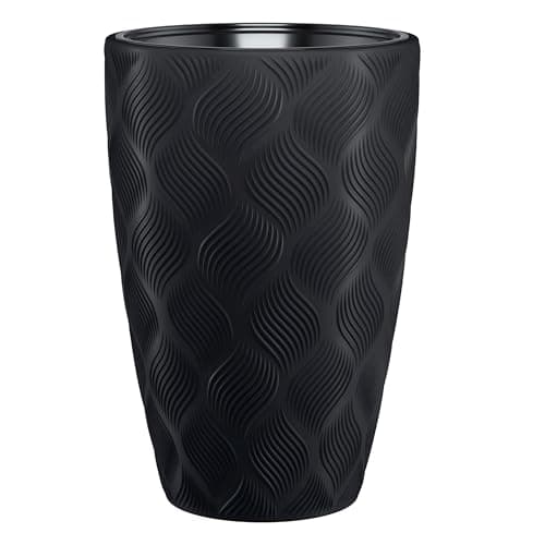 Image of B2C Round Tall Plant Pot Elegant Large Flower Indoor Outdoor Garden Planters Flow High 5 Colours Wave Plastic Textured With insert (Black, H48cm x D29cm)