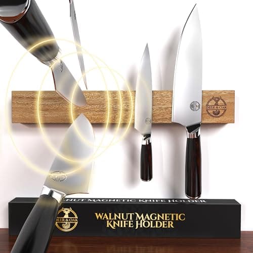 Image of Deer & Oak - 40cm Magnetic Knife Holder for Wall - Walnut Wood with Double Row of Continuous Magnets - Space-Saving Kitchen Knife Rack