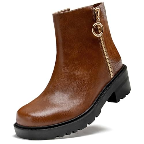 Image of DADAWEN Women's Leather Ankle Boots Block Heel Dual Side Zipper Boots Tan 3 UK