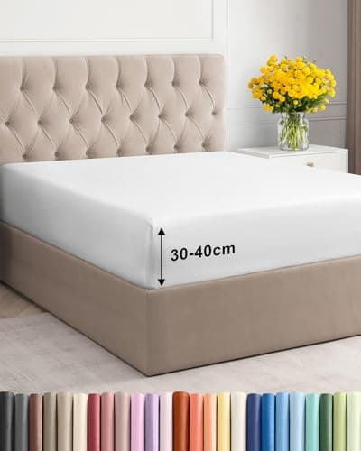 Image of Fitted Sheet Super King 180x200cm, White - Extra Deep Pocket 40cm (16") - Non Iron Soft Brushed Microfibre - Machine Washable - Fade & Shrink Resistant - OEKO-TEX - Breathable - Easy Care - Divan Bed