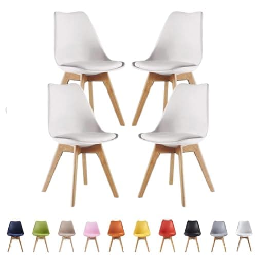 Image of Single Set of 2/4/6 Retro Modern Dining Chairs – Lorenzo Plastic Chairs with Cushioned Pad Seat & Solid Beech Wooden Legs - Side Chair for Living Room Kitchen Office Lounge (White, Pack of 4)