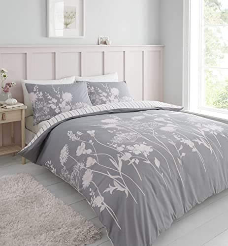 Image of Catherine Lansfield Meadowsweet Floral Reversible Double Duvet Cover Set with Pillowcases Grey Pink