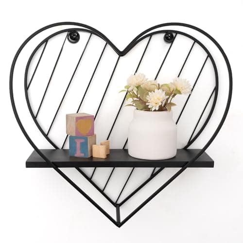 Image of SUMGAR Heart Floating Shelves for Wall, Wooden Wall Shelf with Metal Wire, Small Wall Mounted Shelf, 26cm Display Shelves for Bathroom, Bedroom, Living Room, Kids Room Decor, Black