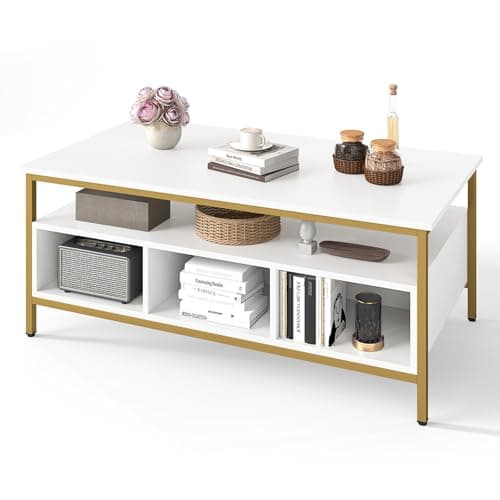 Image of COSTWAY Coffee Table, Wooden Cocktail Center Table with Storage Shelf, Metal Frame Rectangle Accent Sofa Side Tea Table for Living Room, Bedroom and Office (6 Compartments, White, 110x60x45cm)