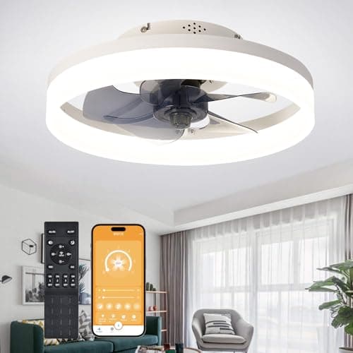 Image of MOSSCO Ceiling Fans with Lights and Remote, LED Dimmable 3 Colour 6 Speeds Reversible Fan Light, Modern Fan Lights Ceiling for Bedroom, Flush Mount Low Profile Ceiling Fan Light White 40CM