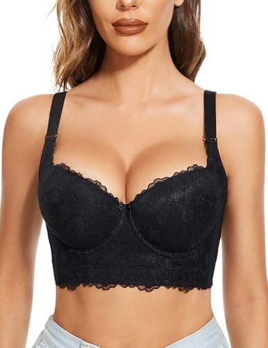 Image of FallSweet Push Up Bras for Women Lace Plus Size Wide Back Underwire Longline Corset Bra(Black, 40B)