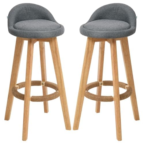 Image of Warmiehomy Bar Stools Set of 2 with Back & Footrest, 360° Swivel Counter Height Stools, Rubber Wood Legs & Linen Fabric Seat Kitchen Island, Breakfast Bar, Home Office,Dining Room Grey