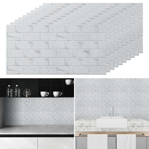Image of Tarwanear Marble Tile Stickers 60 x 30cm 10PCS Self Adhesive Wall Tiles Bathroom Waterproof Peel and Stick Wall Moulding Panels PVC Stick on Tiles for Home Decor Kitchen Backsplash,White Brick Pattern