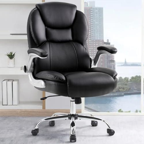 Image of IWMH Executive Office Chair, Ergonomic Big and Tall Computer Desk Chair, High Back PU Leather Chair with Padded Flip-up Armrest, Lumbar Support Swivel Rolling Chairs (Black)