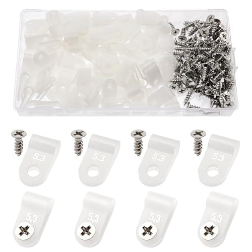 Image of VooGenzek 100 PCS 3/16 Inch R-Type Cable Clip Wire Clamp, Nylon Screw Mounting Cord Fastener Clips with 100 PCS Screws, for Wire Management (White)