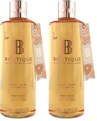 Image of Boutique Amber, Musk & Vanilla Fragrance Refreshing Body Wash 500ml - Relaxing Blend of Essential Oils - Vegan and Cruelty Free, No SLS or Parabens - Made In England (Pack of 2)