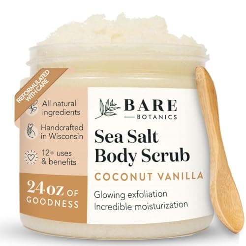 Image of Bare Botanics Coconut Vanilla Body Scrub 24oz | Made in USA | All Natural Sea Salt Scrub w/Skin Loving Moisturizers | Vegan & Cruelty Free | Ready to Gift w/a Cute Wooden Spoon
