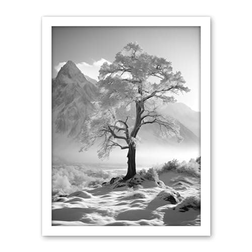 Image of Artery8 Frozen Tree in Snowy Mountain Landscape Bright Black and White Photograph Winter Sunrise Crisp Morning Light Artwork Framed Wall Art Print 18X24 Inch