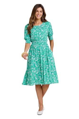 Image of Amber Ladies Smock Cuff & Waist Viscose Floral Dress, Lightweight 43" Midi with Elastication, Cuffed Sleeves, Pockets & Back Neck Loop, Sizes 12–57 Eden Green 20