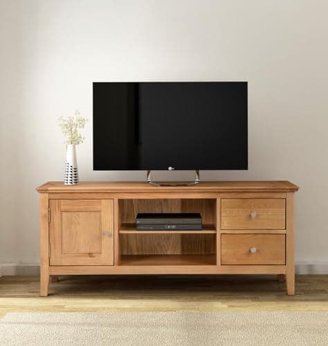 Image of Hallowood Furniture Hereford Oak TV Unit, Large TV Stand Cabinet with 2 Drawers, Open Shelves and a Cupboard, Solid Wooden Light Oak Furniture for Living Room or Lounge