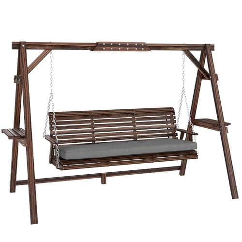 Image of Outsunny 3 Seater Garden Swing Seat, Wooden Swing Chair Bench with Cushion, Side Trays and Metal Chains, for Outdoor Porch Patio, Carbonised Brown