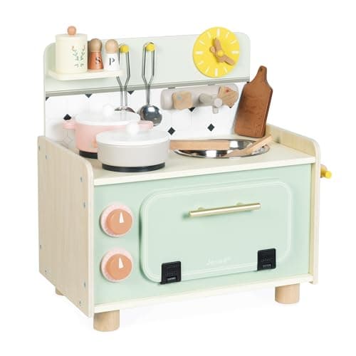 Image of Janod - Wooden Kids Kitchenette - Compact Play Kitchen for Children - Equipped with Oven, Sink, and 10 Included Accessories - Rotating Sound Buttons - Pretend Play and Early Learning Toy - 2 Years+