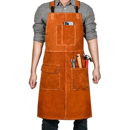 Image of Leather Welding Work Apron - Heat Resistant & Flame Resistant Bib Apron, Flame Retardant Heavy Duty BBQ Apron, Adjustable One Size Fit Most