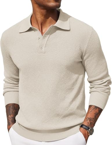 Image of COOFANDY Mens Polo Jumper Long Sleeved Poloshirts Fine Knit Sweater Winter Sweatshirts Beige M