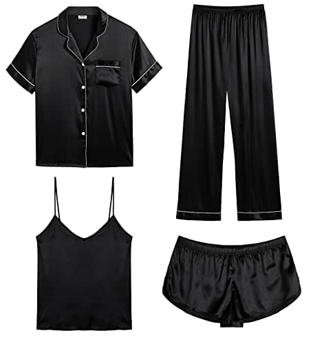 Image of SWOMOG Pyjama Set for Women 4pc Silk Satin Pyjamas Black Sleepwear Set Bridesmaid Pj Set Soft Loungewear Pjs