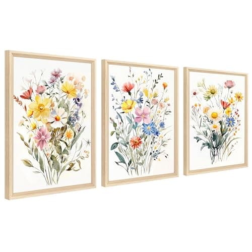 Image of 3 Pcs Framed Canvas Wall Art Watercolour Colourful Bouquet Flowers Canvas Prints Painting Yellow White Wildflowers Daisies Pictures for Living Room Bedroom Wall Decor 30x40cm x3pcs (No Plexiglass)
