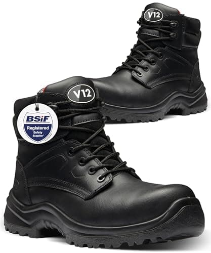 Image of V12 Otter Derby Safety Boots - Lightweight Work Boot with Metal Free Toe Cap - Thermal Insulated Wide Fit Safety Shoe & Pierce-Resistant Midsole, Men's Work & Utility Footwear - Black, Size UK 12