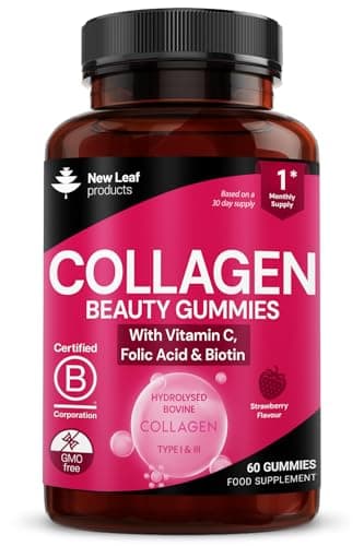 Image of Collagen Gummies - High Strength Type l Bovine Collagan Beauty Supplement - Advanced Superior Type 1 Hydrolysed Collagen Peptides - Added Biotin, Vitamin C & Folic - 60 Gummies