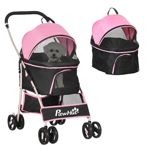Image of PawHut Dog Pram Dog Stroller 3 in 1 Pet Pushchair Detachable Design with Universal Wheels, Brake for Small Miniature Dogs - Pink