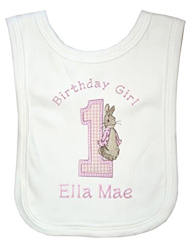 Image of Girl?s Peter The Rabbit Personalised 1st Birthday Bib (Cake Smash). (White)